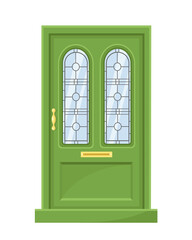 vector green entrance door with decorative glass in vintage style. isolated on a white background. illustration of an exterior element for web,graphics, and design.classic front door.