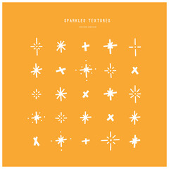 Set of 25 different bright stars and sparkles. Bundle of various shining textures and decorations. Vector hand drawn elements. 
