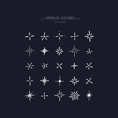 Set of 25 different stars and sparkles. Bundle of various shining textures and decorations. Vector hand drawn elements. 