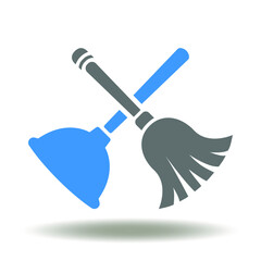 Plunger broom brush icon verctor. Cleaning Service Conceptual Sign. Sanitary Plumbing Equipment Symbol.