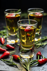 Frozen glass with cold vodka with pepper on dark table