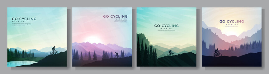 Mountain bike. Travel concept of discovering, exploring and observing nature. Cycling. Adventure tourism. Flat graphic polygonal landscape. Minimalist design for social media, poster, blog post