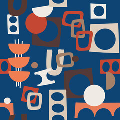 Mid Century Outline, retro colored seamless pattern, shapes, circles, half circles, blue background