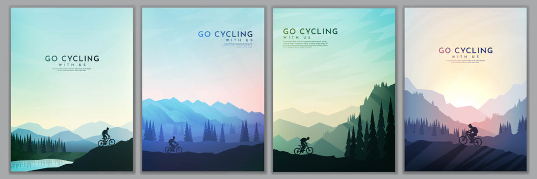 Travel concept of discovering, exploring and observing nature. Mountain bike. Cycling. Adventure tourism. Minimalist graphic poster. Polygonal flat design for book cover, poster, brochure, magazine