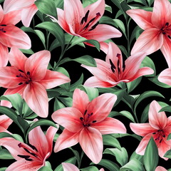 Seamless pattern with red lilies. Watercolor illustration.