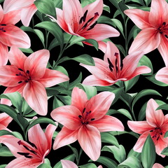 Fototapeta premium Seamless pattern with red lilies. Watercolor illustration.