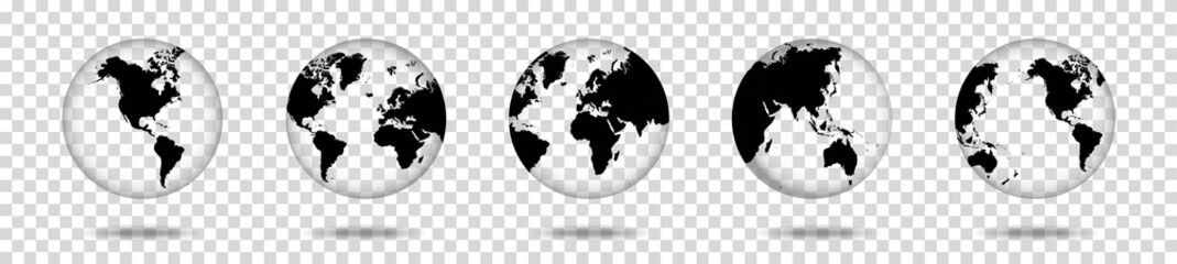 Set of transparent globes of Earth, realistic world map in globe shape with transparent texture and shadow