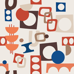 Mid Century Outline repeat seamless pattern with red, beige, peach, brown, blue shapes