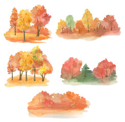 Watercolor autumn landscape, group of trees, clipart on a white background