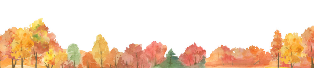 watercolor autumn forest, yellow trees, horizon of trees, on a white background