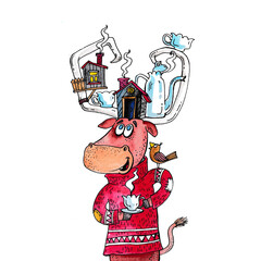 watercolor illustration with a bull for the new year 2021, a bull in a red sweater drinking tea, tea set