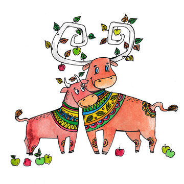 bull - symbol of the new year 2021, watercolor illustration with a bull, apples hanging on the horns