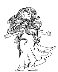 beautiful girl with long hair, illustration with a girl in a white dress