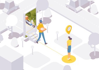Fast food delivery isometric. Order pizza at mobile application. 3d concept illustration