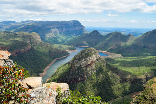 The stunning view of the mountains and Blyde river from Three Rondavels view point, in South Africa.