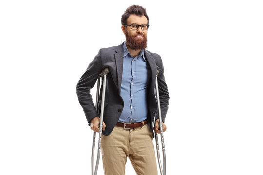 Bearded man with crutches