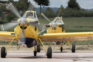 Barcelona, Spain; August 9, 2016: Yellow hydroplane of firefighters that can take many liters of...