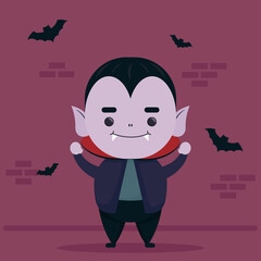 happy halloween cute dracula character and bats flying