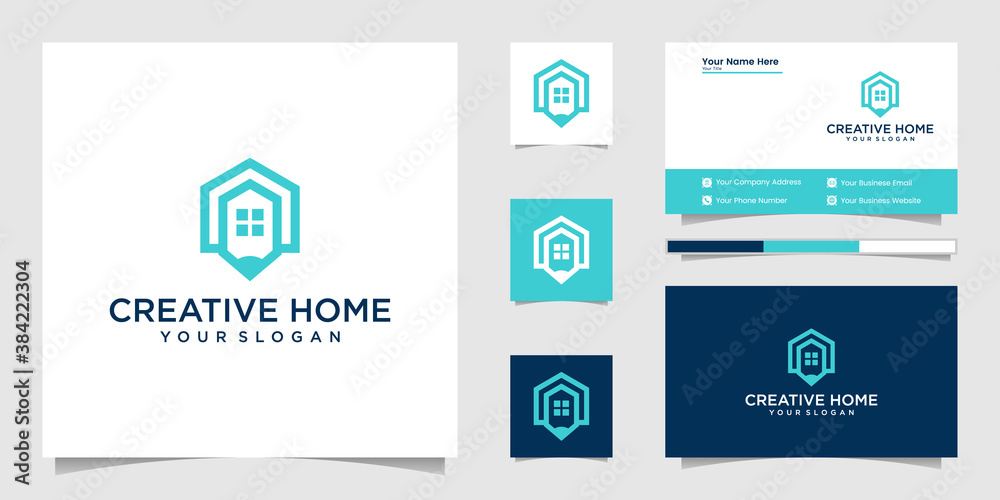 Wall mural creative home and pencil logo line art style and business card