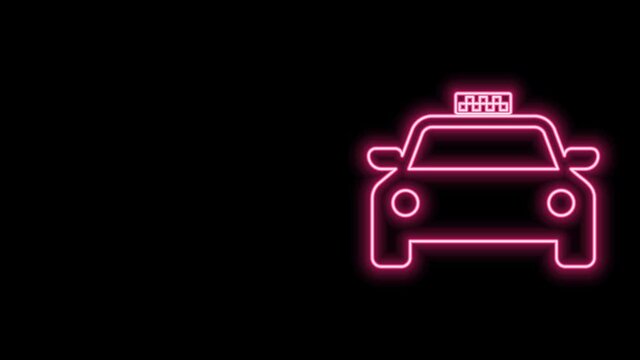 Glowing neon line Taxi car icon isolated on black background. 4K Video motion graphic animation