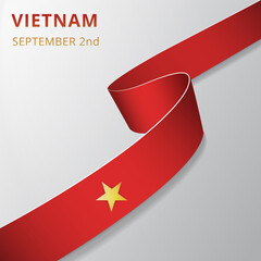 Flag of Vietnam. 2nd of September. Vector illustration. Wavy ribbon on gray background. Independence day. National symbol. Graphic design template.