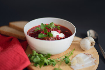 Traditional Ukrainian Russian borscht or red soup with a drop of fresh sour cream and with a fresh sprig of green parsley in the white bowl. Lard, garlic, bread and fresh herbs for soup near. 