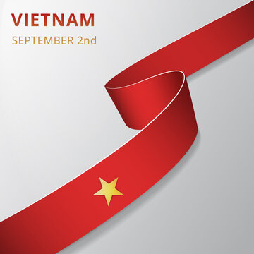 Flag of Vietnam. 2nd of September. Vector illustration. Wavy ribbon on gray background. Independence day. National symbol. Graphic design template.