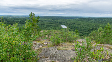 Mountain view of lake Onega in Karelia, Russia, August 2020