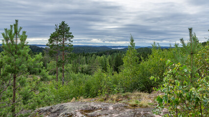 Mountain view of lake Onega in Karelia, Russia, August 2020