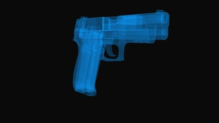 Handgun wireframe scheme. 3d render with blue grid lines. Loop rotation on black background.
