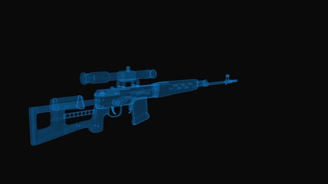 Dragunov sniper rifle wireframe scheme. 3d render with blue grid lines. Loop rotation on black background.