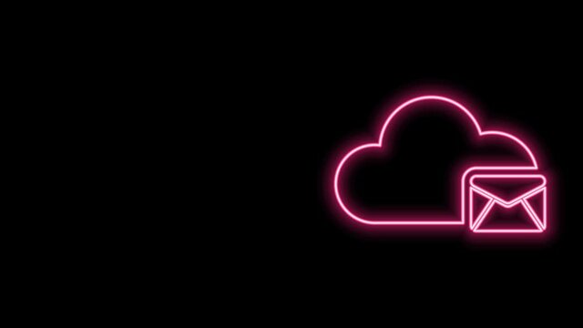 Glowing neon line Cloud mail server icon isolated on black background. Cloud server hosting for email. Online message service. Mailbox sign. 4K Video motion graphic animation