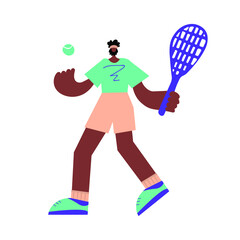 Black male tennis player character with a racket in his hands. Professional or amateur player makes a tennis innings. Vector.