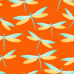 Dragonfly trendy seamless pattern. Spring clothes textile print with flying adder insects. Garden 