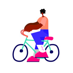 Black male bicyclist riding a bicycle vector illustration isolated on white background. Afroamerican sportsman biker in race. Boy enjoy in bike drive with backpack. Sport man rider on mountain bike wi