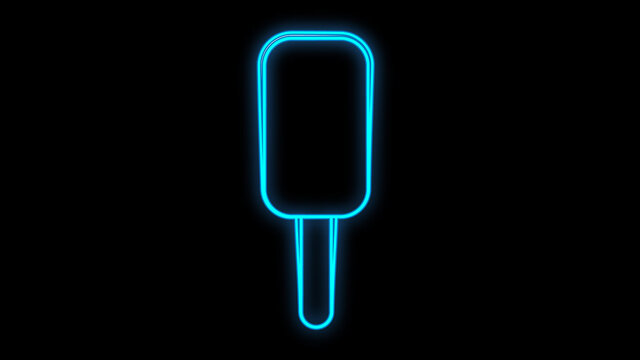 ice cream on a stick on a black background, vector illustration. ice cream in neon blue. signboard for cafes and restaurants. sweet milk dessert for children and adults