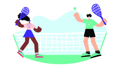 Plakat Man and woman play tennis on the court. The player gives the ball, the opponent is ready to beat back. Vector illustration.