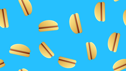 colored and bright burgers on a blue background, vector illustration. junk food pattern. fast food wallpaper, social media icon. delicious burger with natural filling