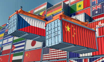 Freight containers with Czech Republic and China national flags. 3D Rendering