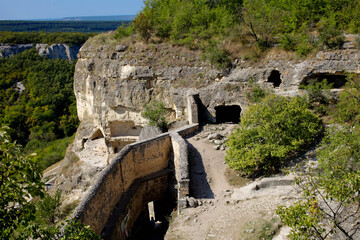 View on the cavetown Chufut-Kale near Bakhchisarai city on the Crimea - obrazy, fototapety, plakaty