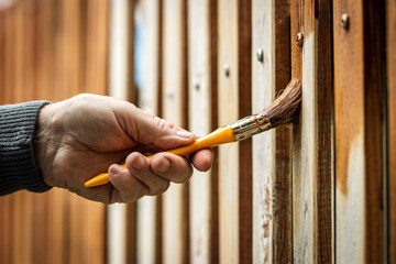 Man painting wooden fence by wood stain. Renovation of picket fence. Paintbrush in male hand