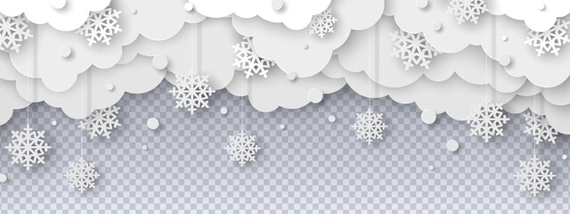 Falling snow on transparent background in paper cut style. Snowstorm clouds overlay effect for Christmas and New Year Design. Vector illustration