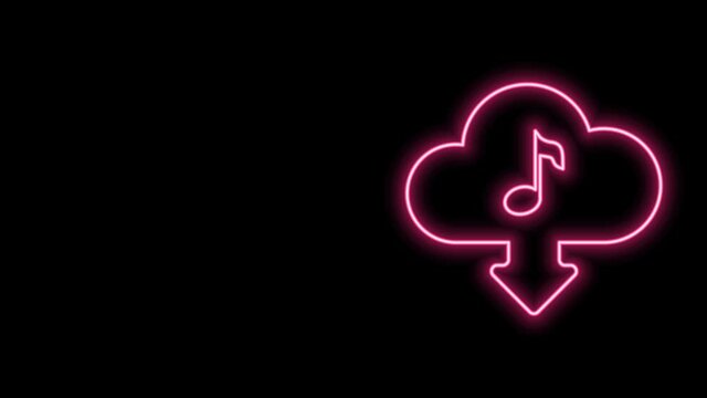 Glowing neon line Cloud download music icon isolated on black background. Music streaming service, sound cloud computing, online media streaming, audio wave. 4K Video motion graphic animation