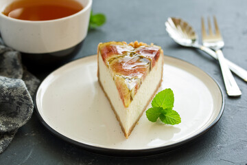 Vanilla cheesecake with figs. selective focus.