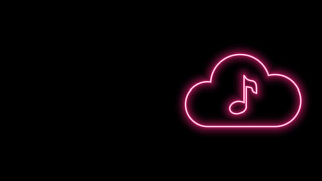 Glowing neon line Music streaming service icon isolated on black background. Sound cloud computing, online media streaming, online song, audio wave. 4K Video motion graphic animation