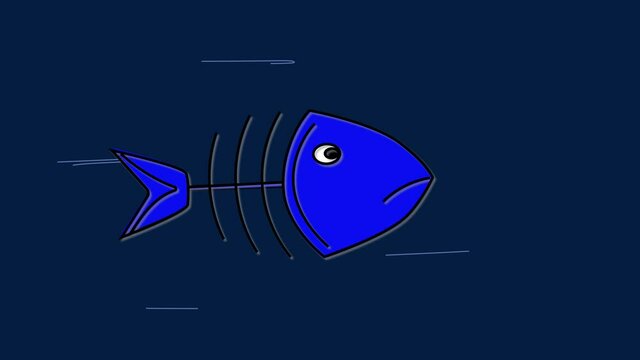 Blue sad fish, fish bones, skeleton swimming in water, moving. Funny character. Dark blue background.