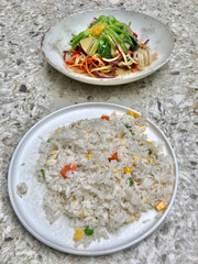 Boiled Steamed Rice with Egg and Salad Healthy Organic Food Served Chinese and Japanese Restaurant for Athlete Fitness Food.