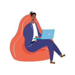 afro ethnic man using laptop seated in sofa character