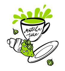 Green tea Matcha with dessert. Drawing for label and tea packaging. Matcha Time quotes. Vector illustration on white background.