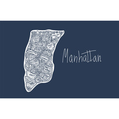 Vector map of Manhattan new York USA. Flat hand-drawn illustration on a dark background. Attractions in the United States States, city, district, tourist places clipart. The name is drawn in the